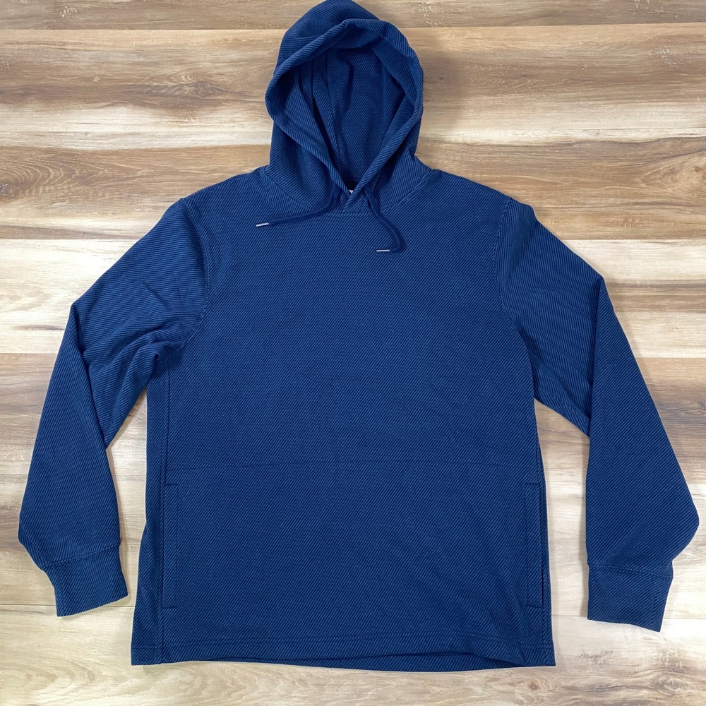 J. Crew Mens Navy Blue Diagonal Striped Fleece Hoodie Sweatshirt Large